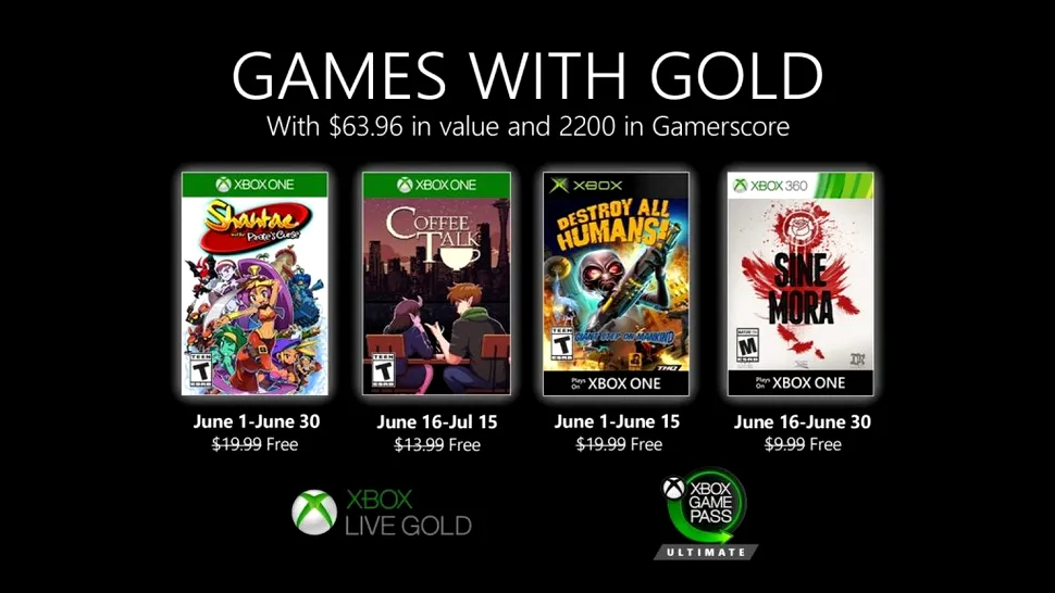 Jocurile gratuite pentru luna iunie 2020 la Xbox Live Gold