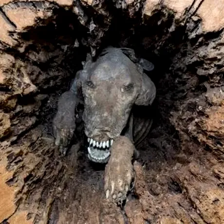 Un câine s-a mumificat în trunchiul unui copac